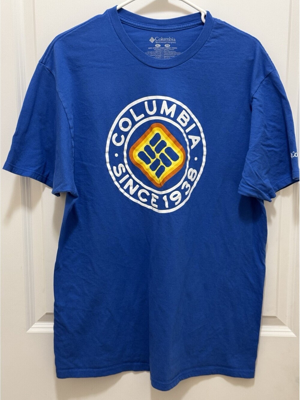 Columbia T Shirt Mens XL Blue Since 1938 Graphic Logo Short Sleeve Cotton Tee